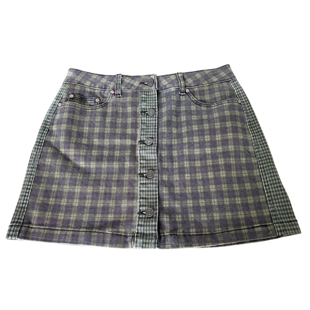 Rocks & Indigo Plaid Denim Mini Skirt Women's Size 8/28 Button Front Y2K Cottage